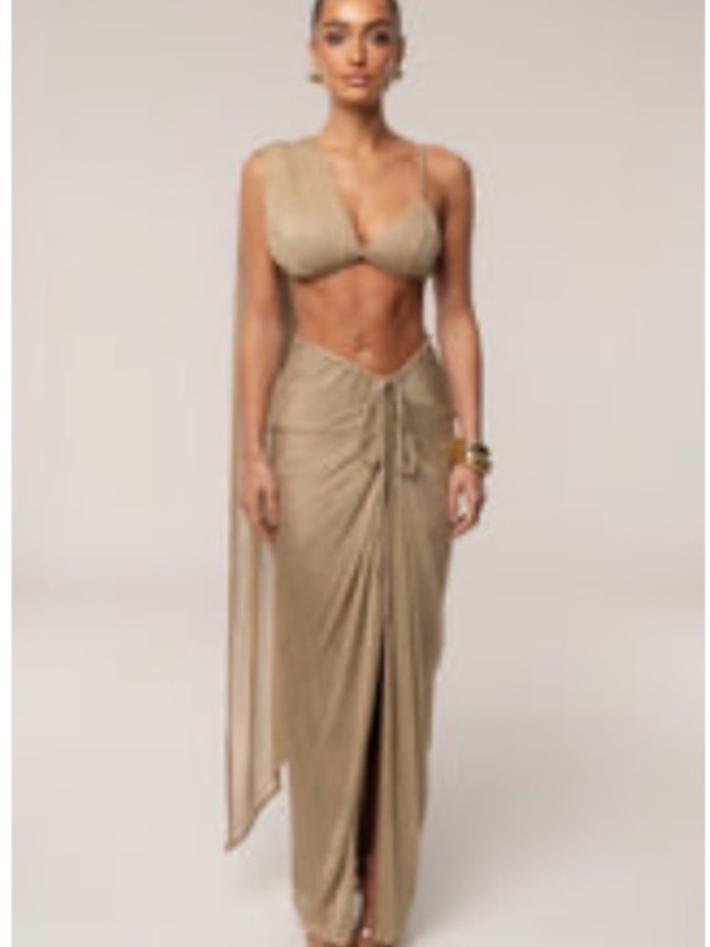 Gold Noelia Metallic Slit skirt & Gold Nocturne Draped Top